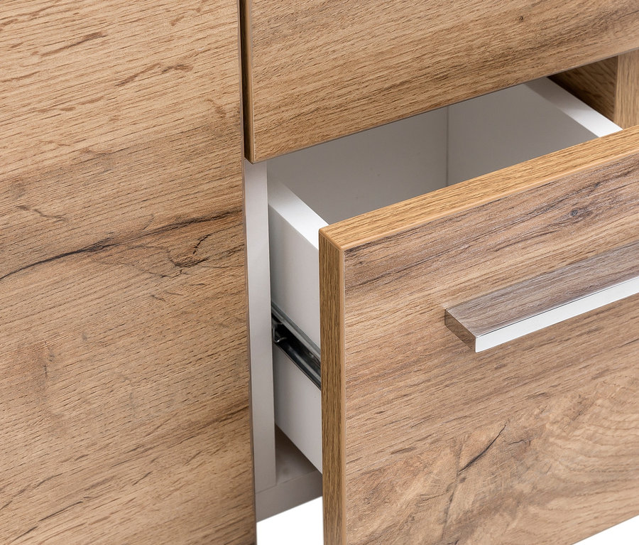 Detailansicht Waschtisch »Matteo« inkl. Becken, Eiche, mit offener Schublade.