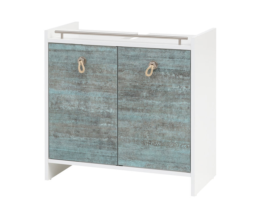 Weißer Waschbeckenunterschrank »Sailor« mit blaugrünen Türen und Seilgriffen.