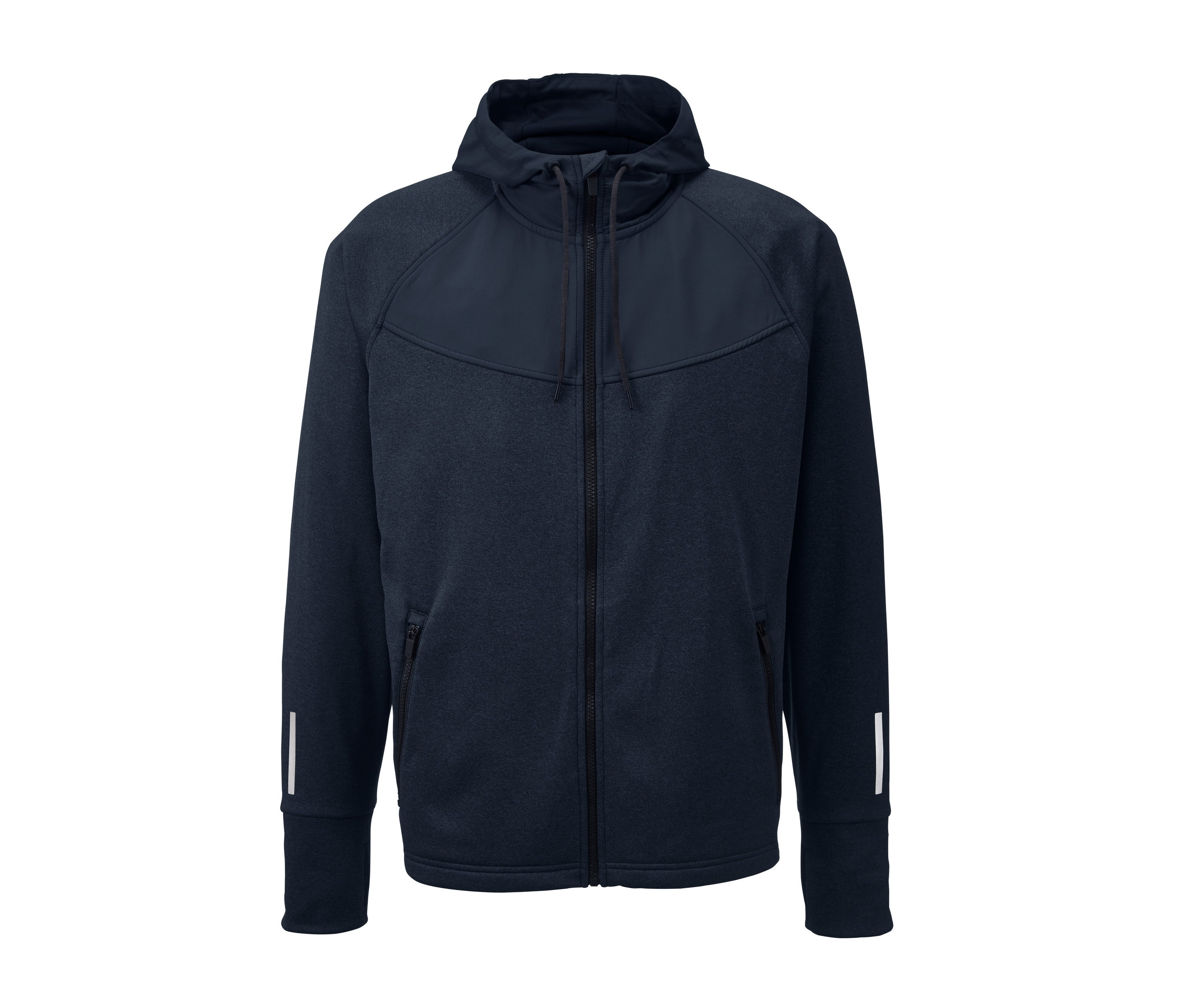 Eine marineblaue Thermo-Funktionsjacke mit Reißverschluss und Kapuze.