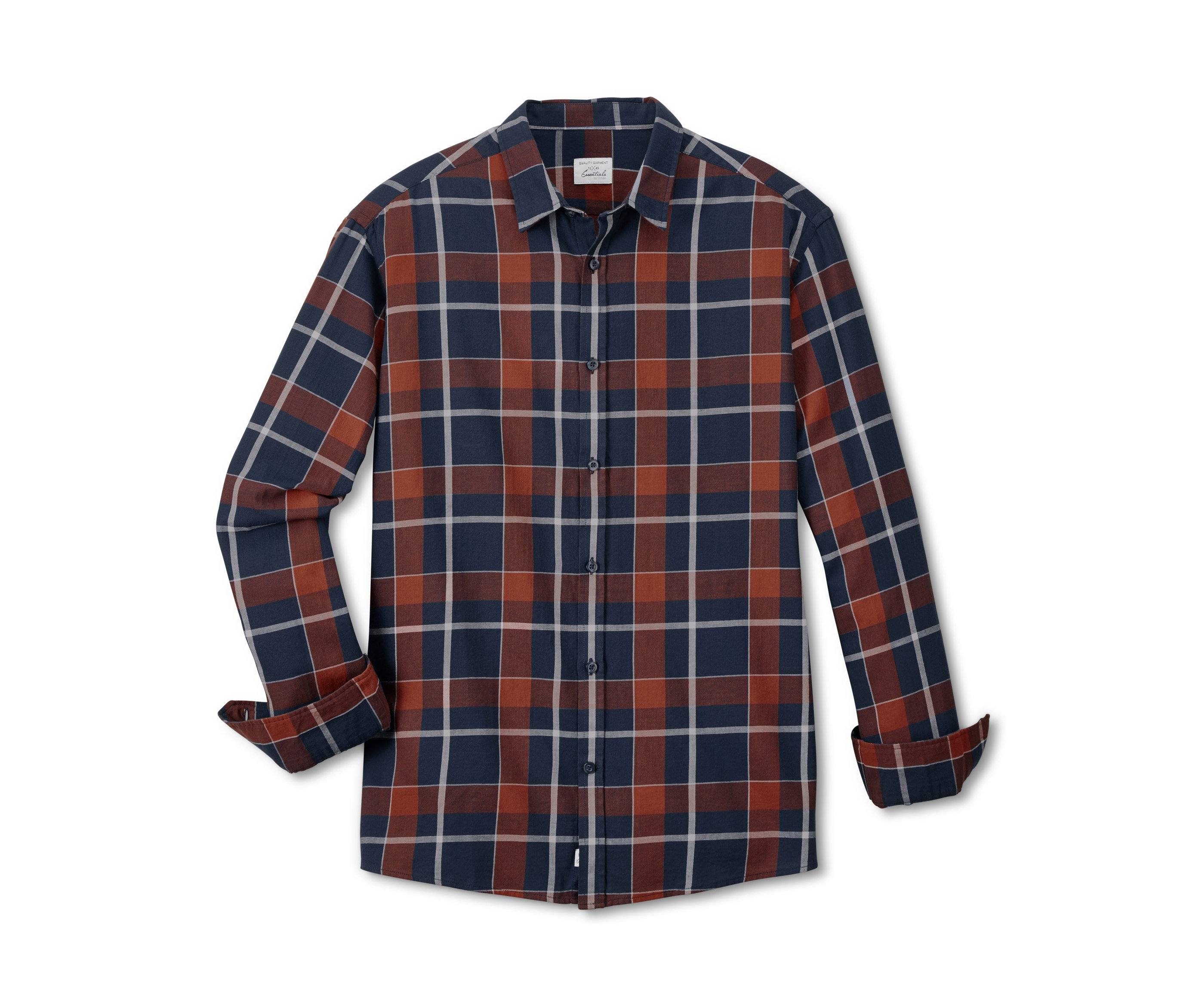 Ein blaues und braunes kariertes Twill-Hemd.