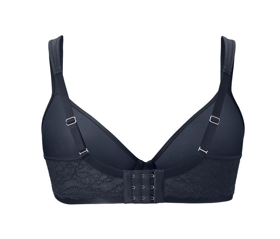Detailansicht eines schwarzen Spacer-BHs mit Hakenverschluss und verstellbaren Trägern.