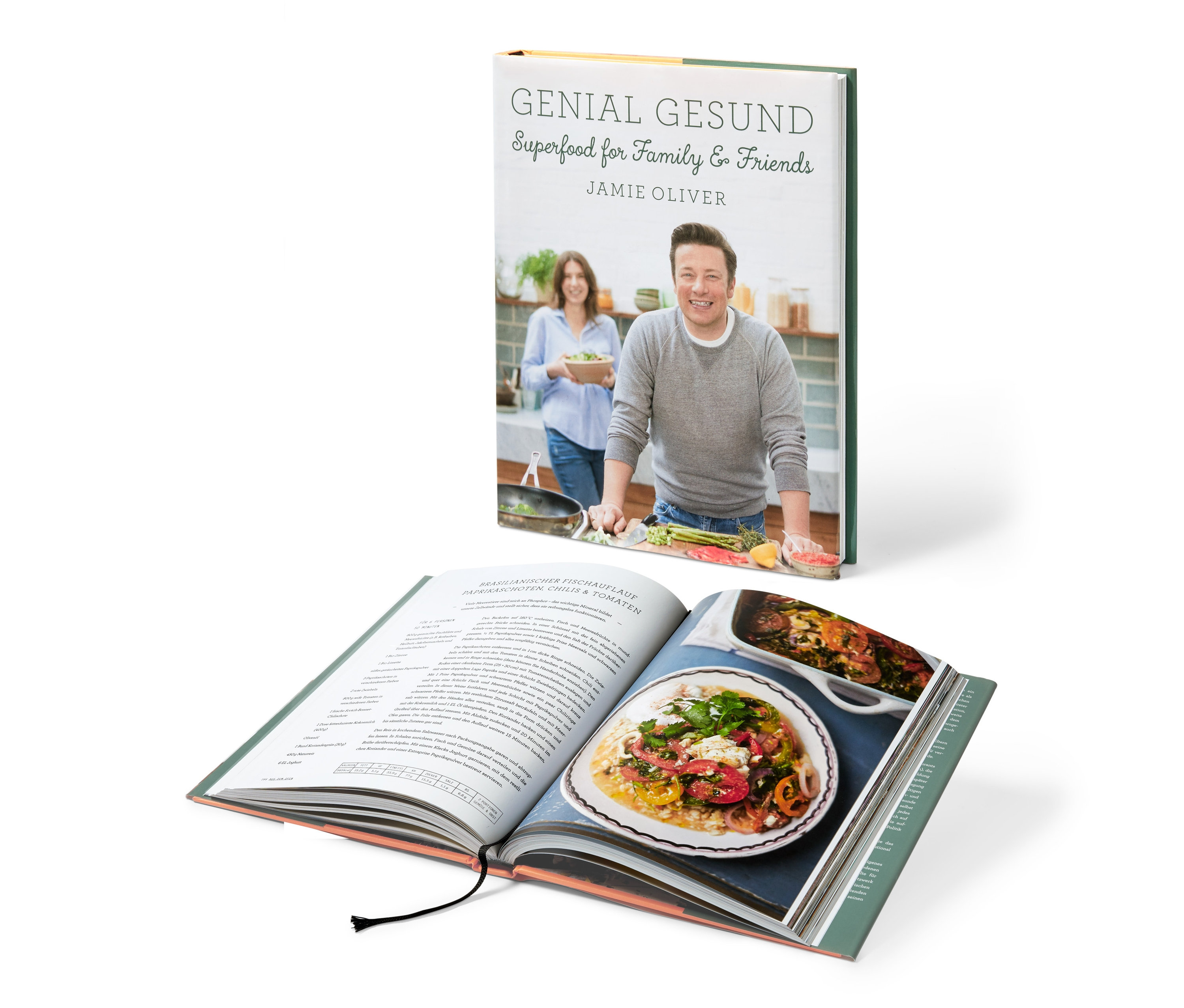 Zwei Exemplare von Jamie Olivers Kochbuch "Genial gesund – Superfood for Family and Friends" auf weißem Hintergrund.