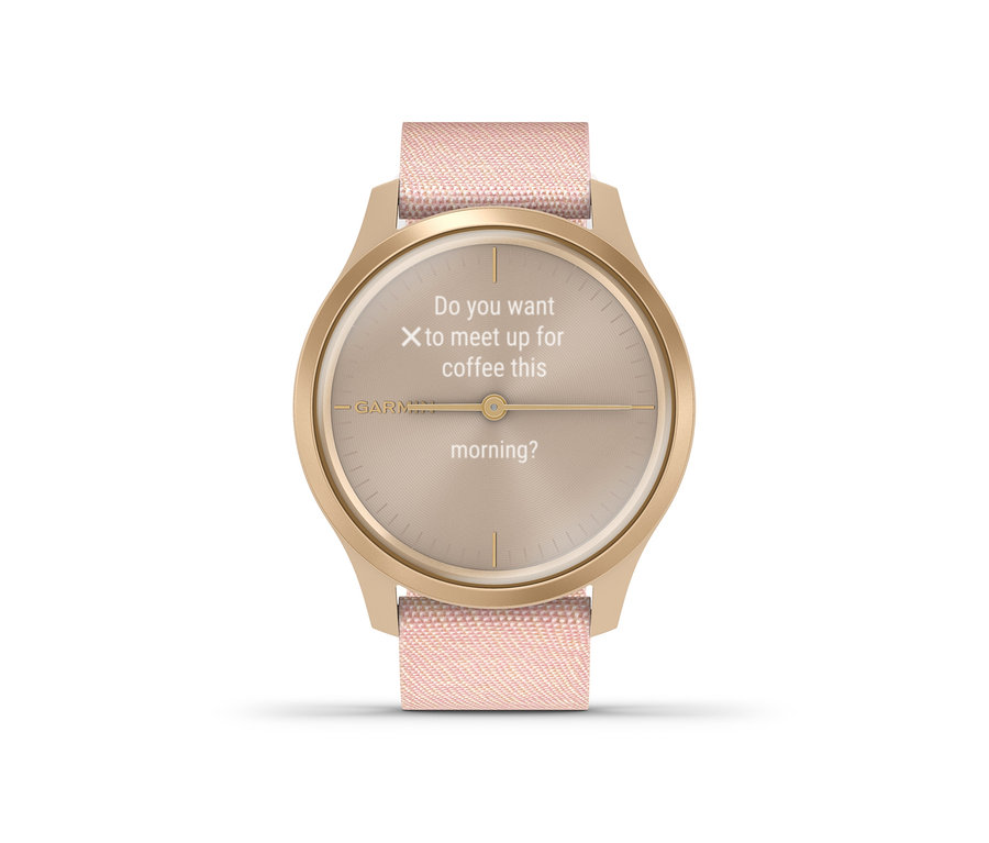 Detailaufnahme der goldenen Garmin Vivomove Style Smartwatch, roségoldfarben/weiß, die eine Nachricht auf dem Display anzeigt.