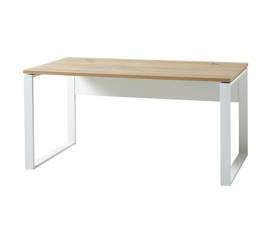 Schreibtisch »Lioni« mit Holzdekorplatte und weißen Beinen.