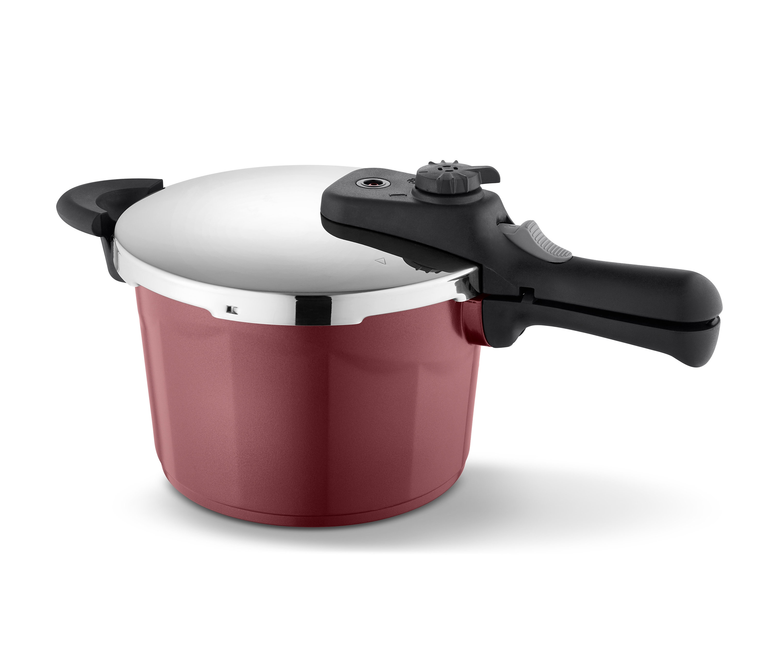 Ein roter STONELINE®-Aluguss-Schnellkochtopf mit Edelstahl-Deckel und schwarzem Griff.