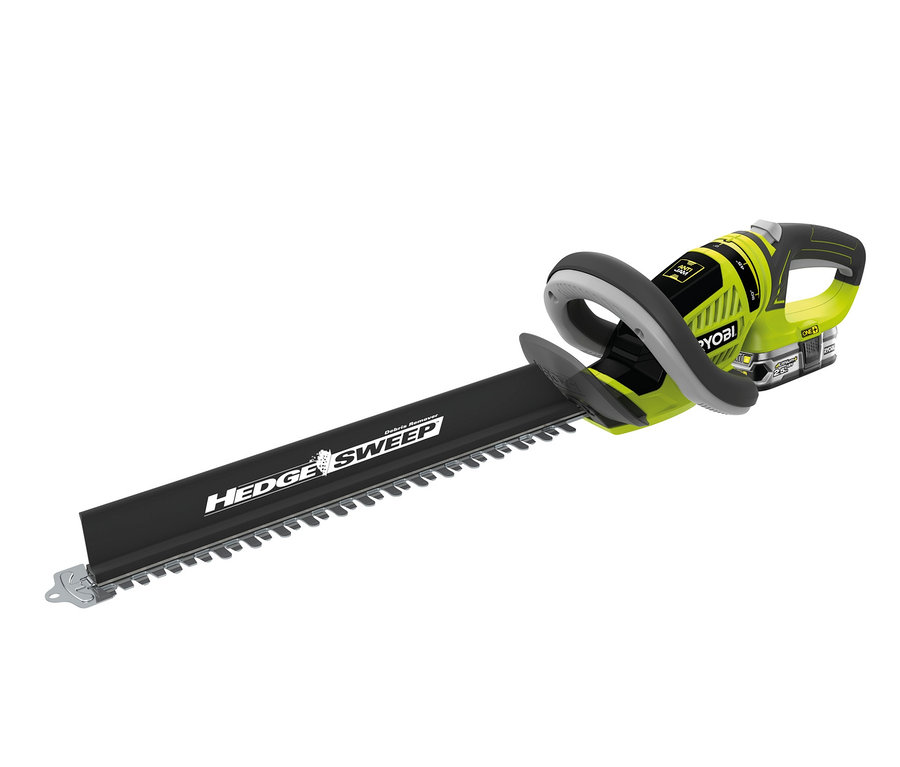 Eine gelb-schwarze RYOBI Akku-Heckenschere mit einem 55 cm langen Messer vor einem weißen Hintergrund. Die Heckenschere ist das Modell OHT1855R und wird ohne Akku und Ladegerät geliefert.