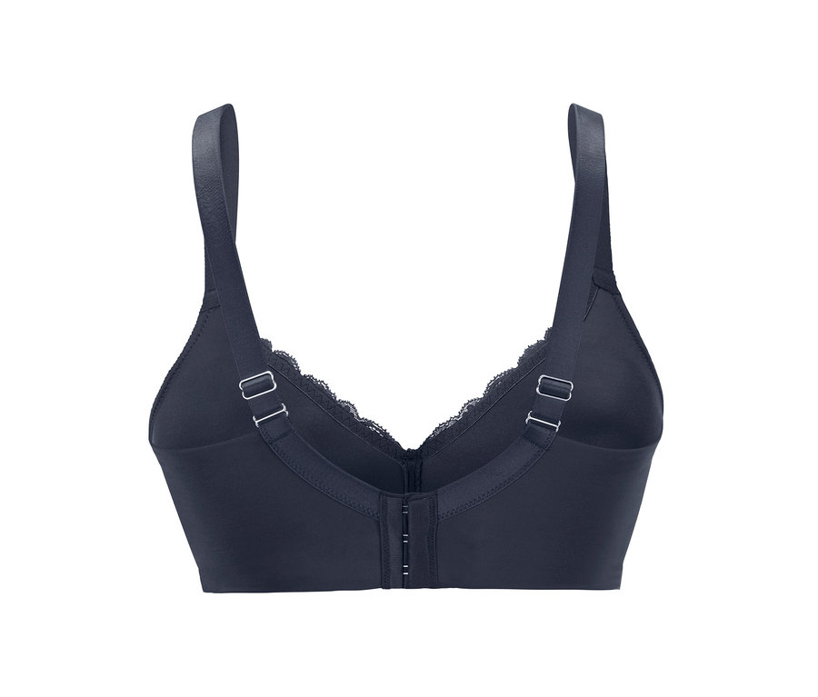 Detailansicht der Rückseite eines blauen Komfort-Soft-BHs mit verstellbaren Trägern.