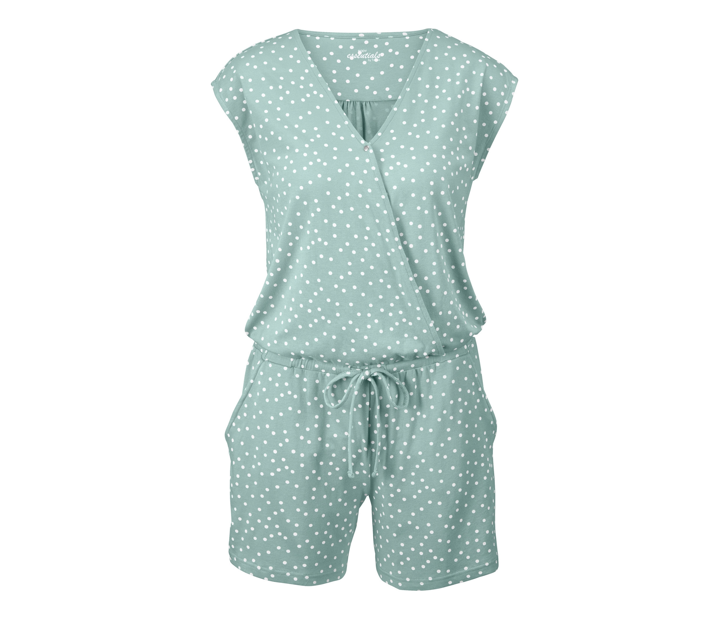 Ein Jumpsuit-Pyjama mit weißen Punkten.