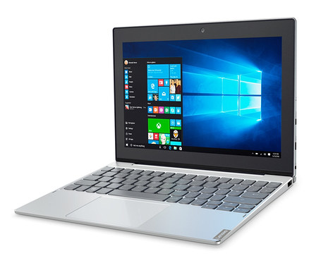 Silbernes Lenovo »Miix 320« 2-in-1-Tablet mit schwarzem Bildschirmrand und grauer Tastatur.