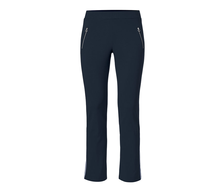 Dunkelblaue, knöchellange Stretchhose mit Galonstreifen und silbernen Reißverschlüssen.