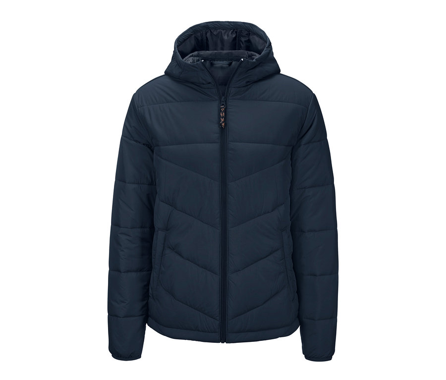 Marineblaue Steppjacke mit Kapuze und Reißverschluss in der Mitte.