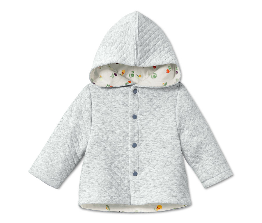 Eine gesteppte Jerseyjacke mit Kapuze, die mit Knöpfen geschlossen wird.