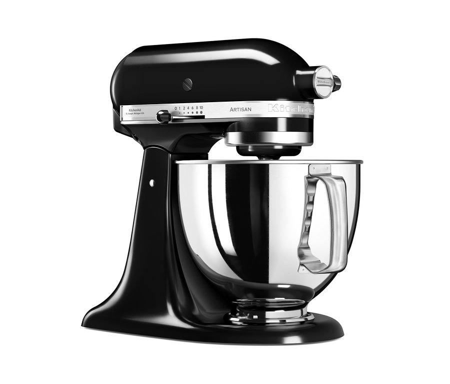 Schwarze KitchenAid Artisan Küchenmaschine mit Edelstahlschüssel.