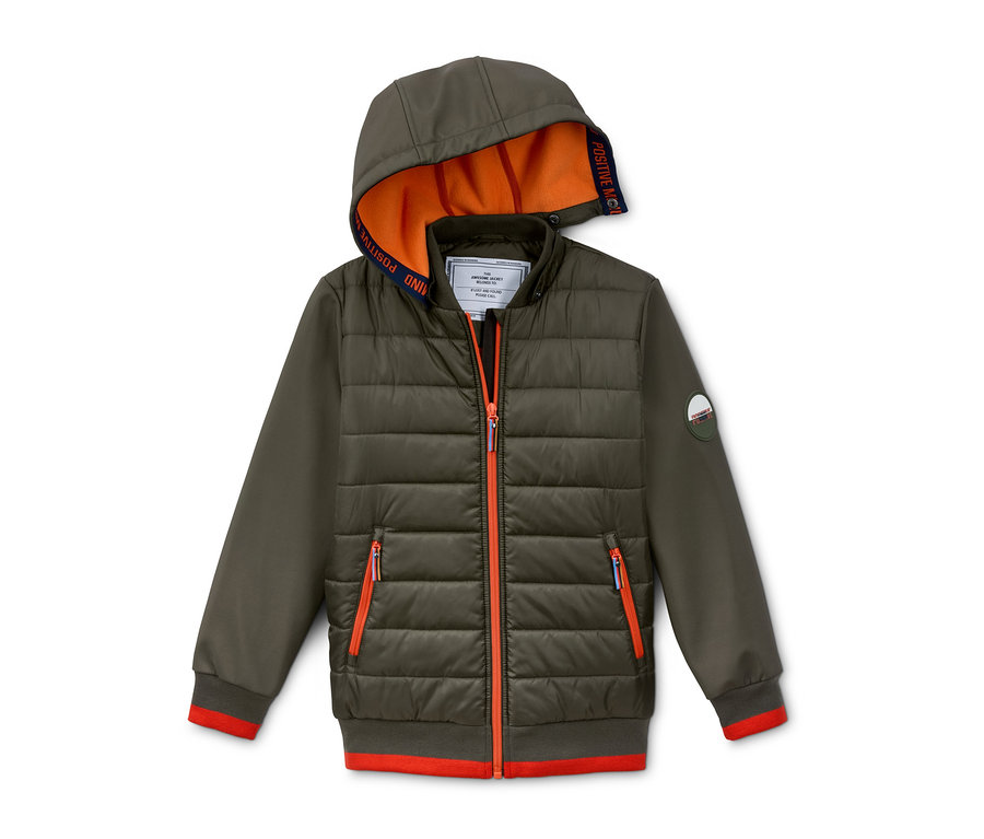 Olivgrüne Hybridsteppjacke mit recyceltem Material, orangefarbenen Reißverschlussdetails und Kapuze.