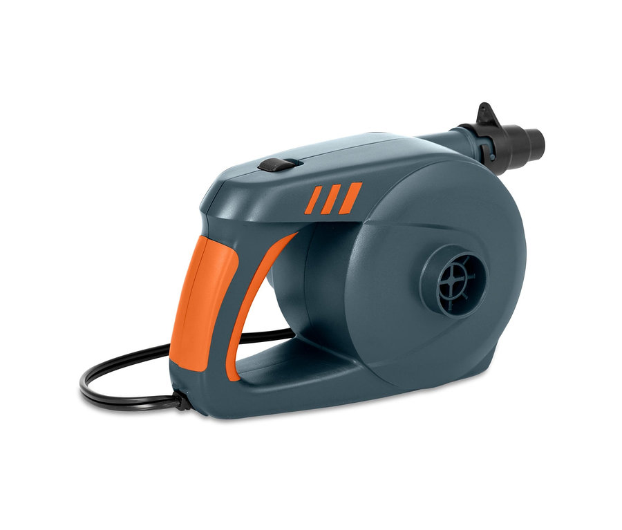 Eine graue Bestway® Powergrip Elektro-Luftpumpe mit orangefarbenem Griff auf weißem Hintergrund.