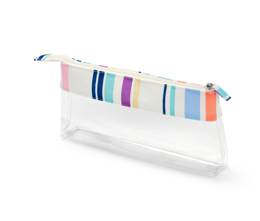 Eine durchsichtige Sonnencreme-Tasche mit recyceltem Material, Reißverschluss und bunten Streifen.