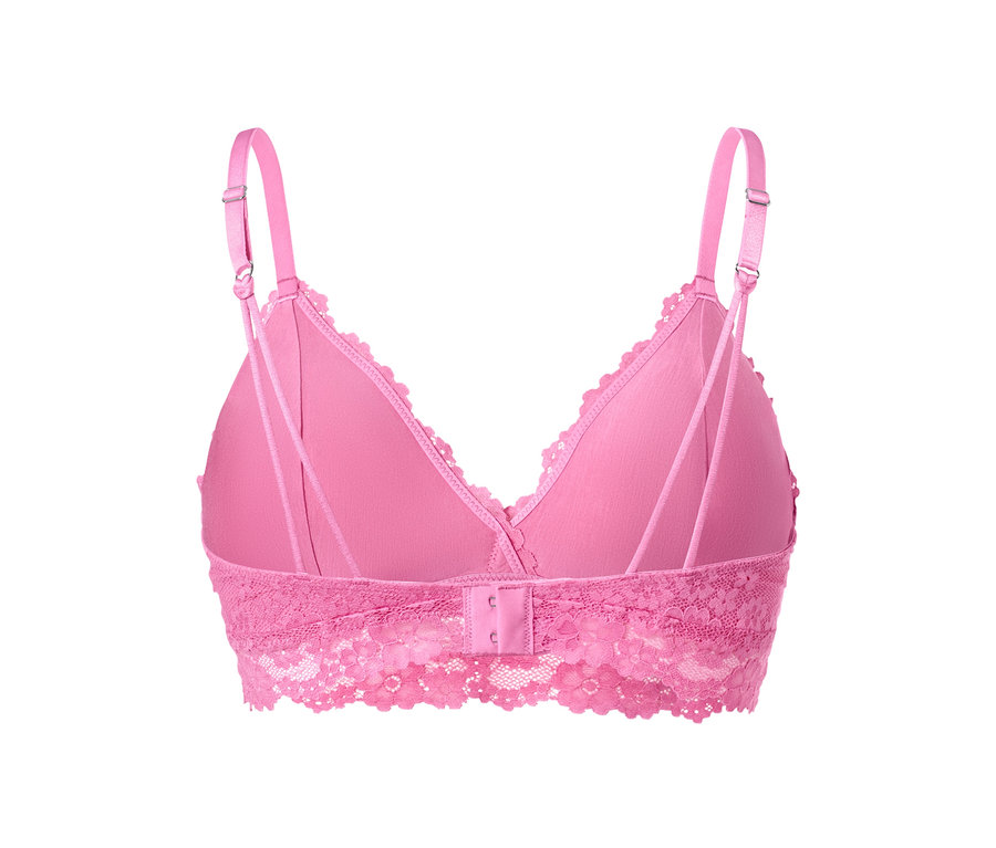 Detailansicht eines pinkfarbenen Spitzen-BHs mit verstellbaren Trägern.