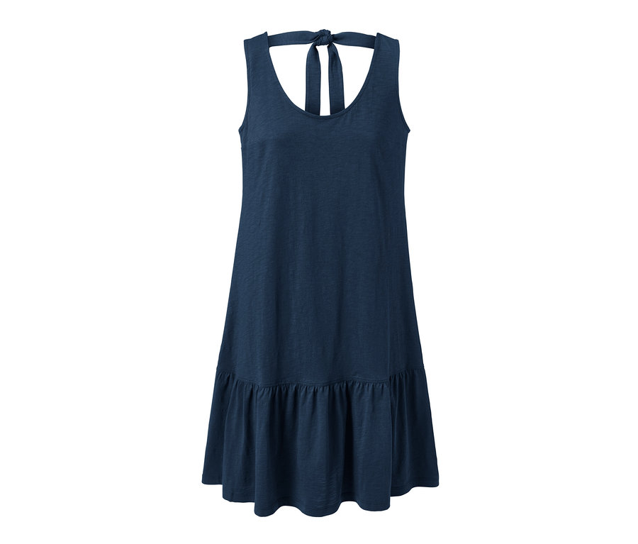 Dunkelblaues Jerseykleid mit Volant.
