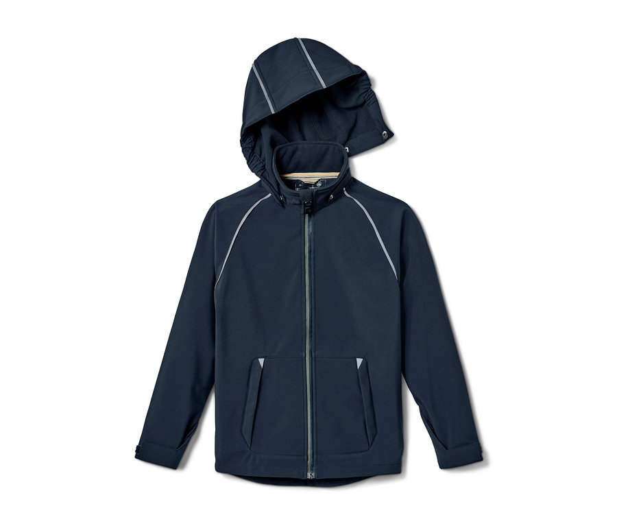 Marineblaue Softshell-Jacke mit Kapuze, Reißverschluss und Taschen.