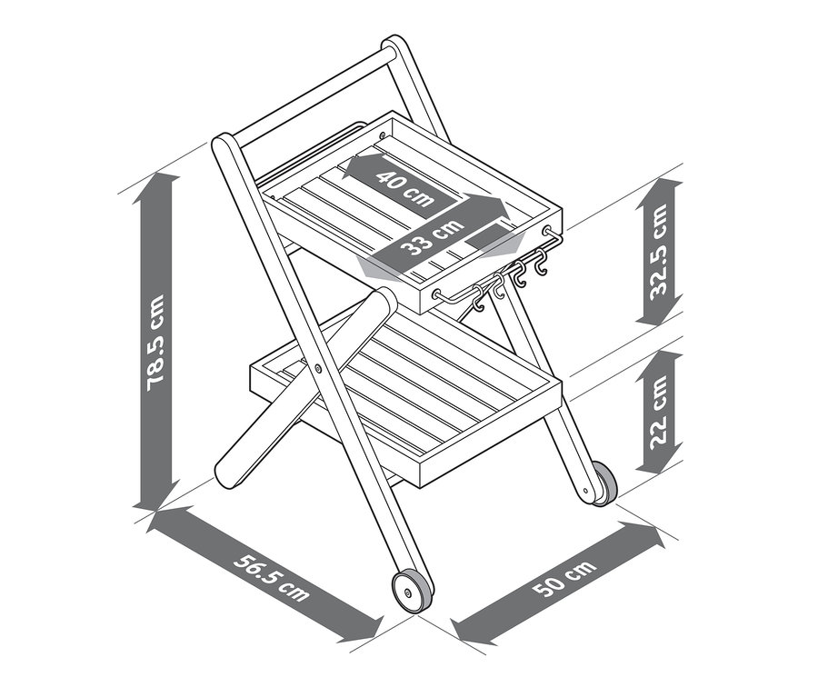 Illustration eines kleinen BBQ-Beistelltischs mit Abmessungen.