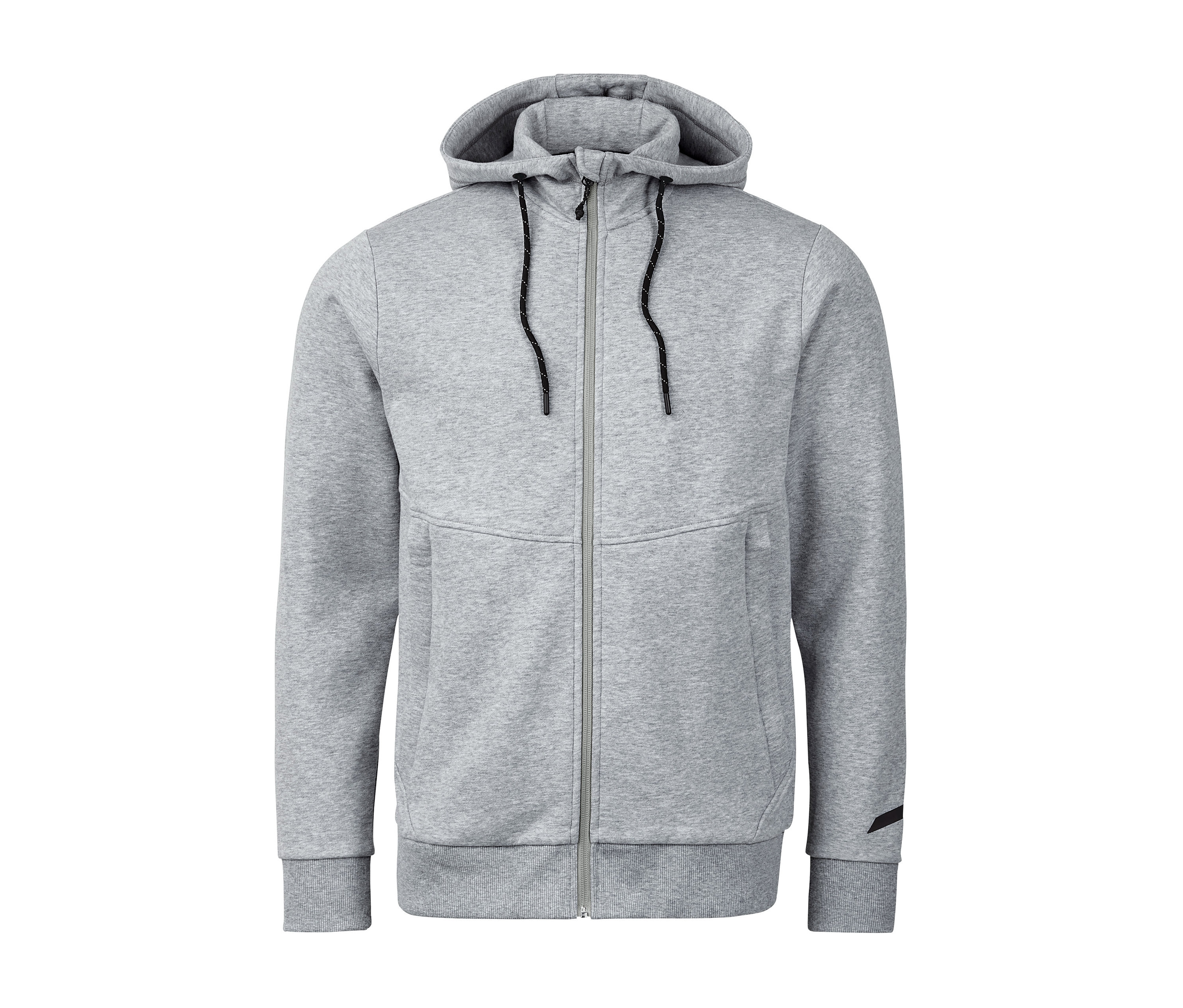Graue Sweatjacke mit Reißverschluss und Kapuze.
