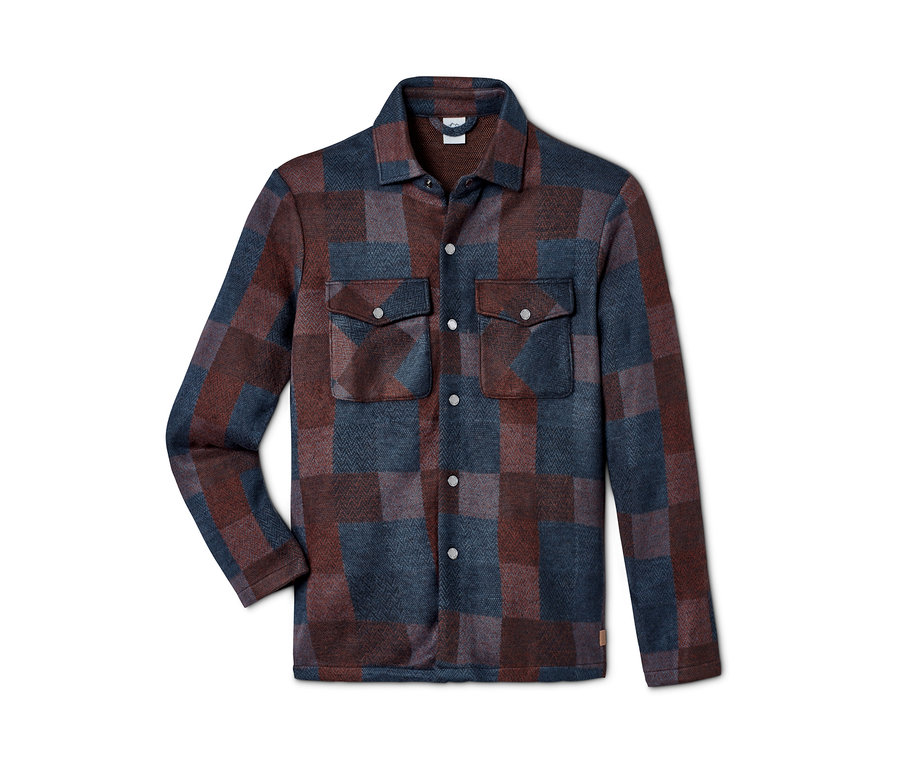 Blau-braune karierte Hemdjacke im Worker-Style mit Knöpfen und Brusttaschen.