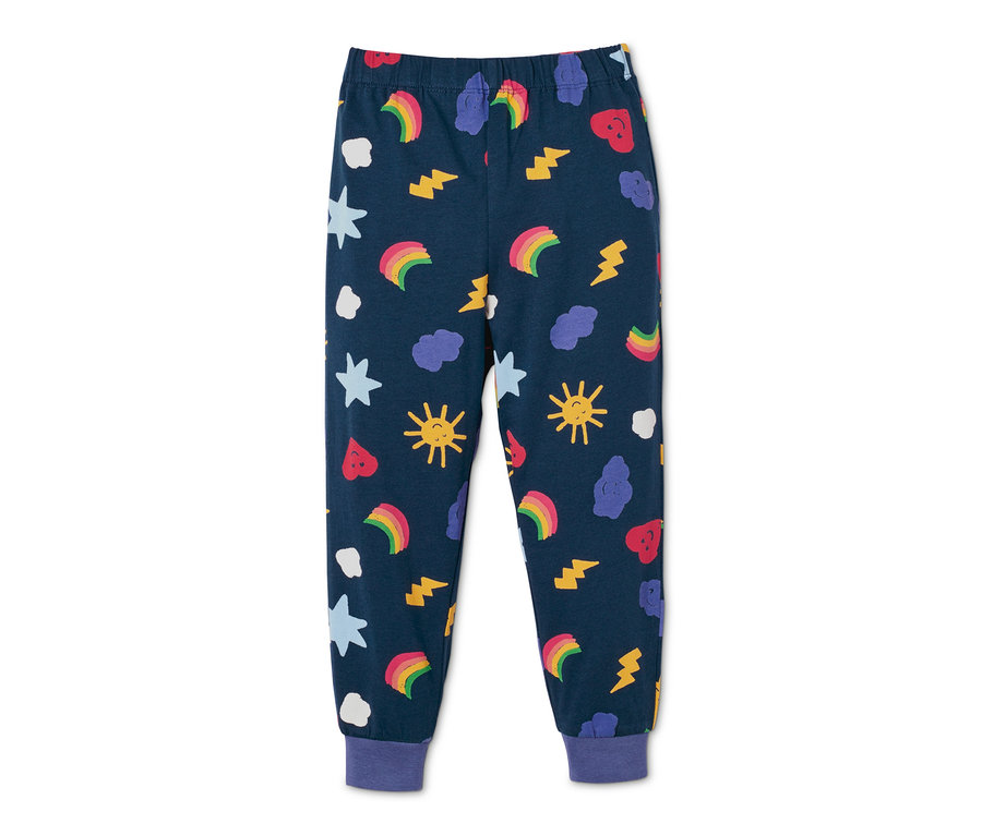 Dunkelblaue Schlafanzughose mit Wolken-, Stern-, Regenbogen- und Sonnenmuster. 2 Pyjamas aus Bio-Baumwolle