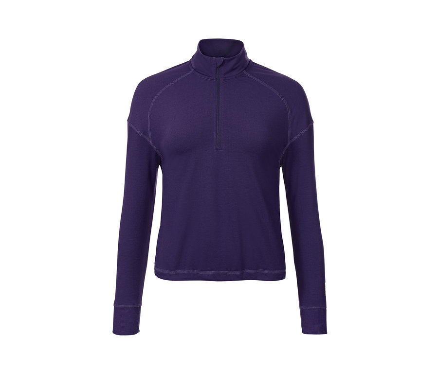Lila Cropped-Fitness-Longsleeve mit Reißverschluss.