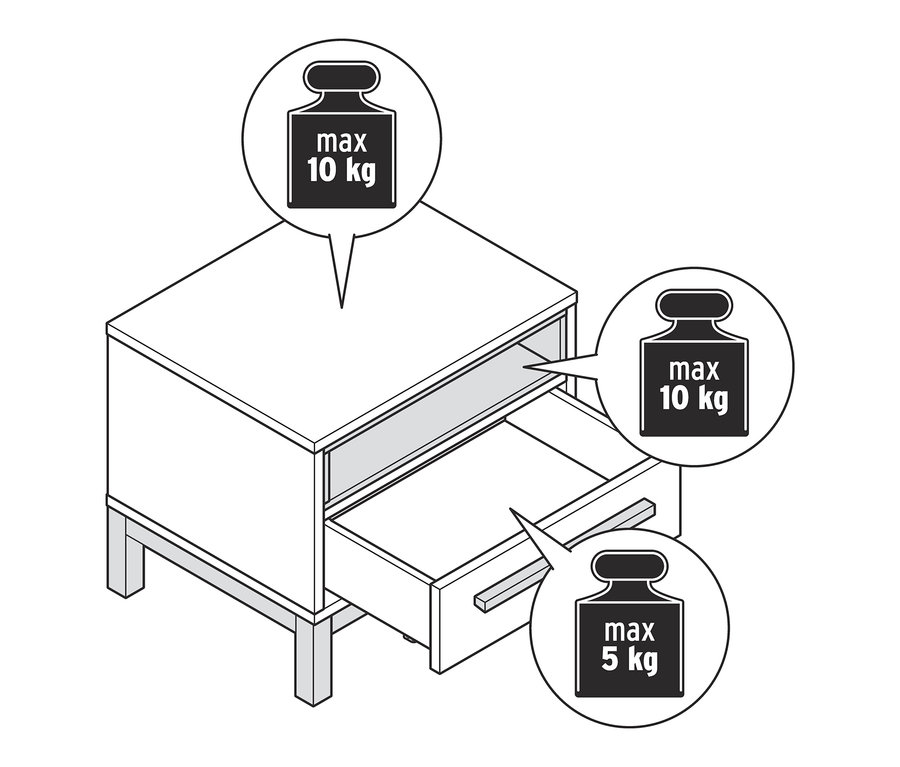 Zeichnung eines Nachttischs »Eklund« mit Schublade, wobei eine Schublade offen ist.