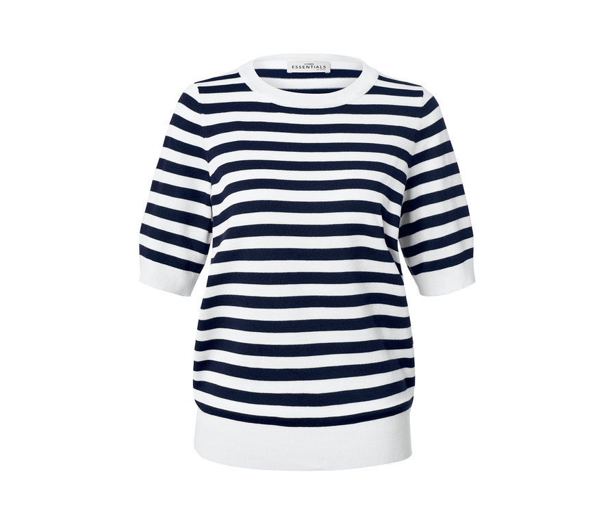Blau-weiß gestreifter Feinstrick-Pullover.