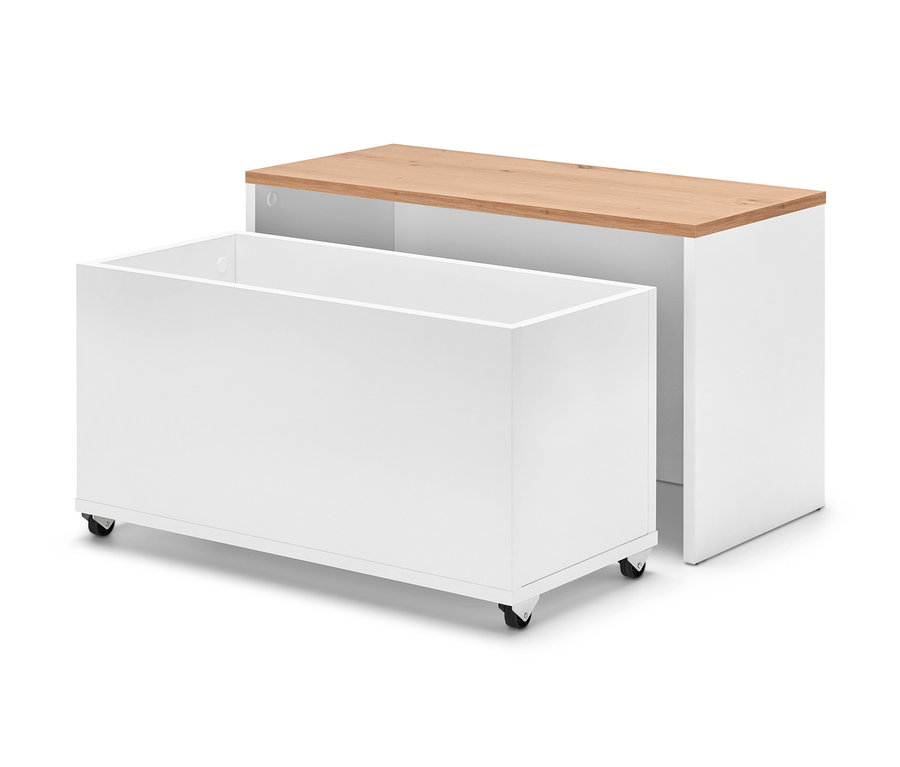 Zwei Sitzbänke mit Stauraum-Box, eine davon mit Rollen.