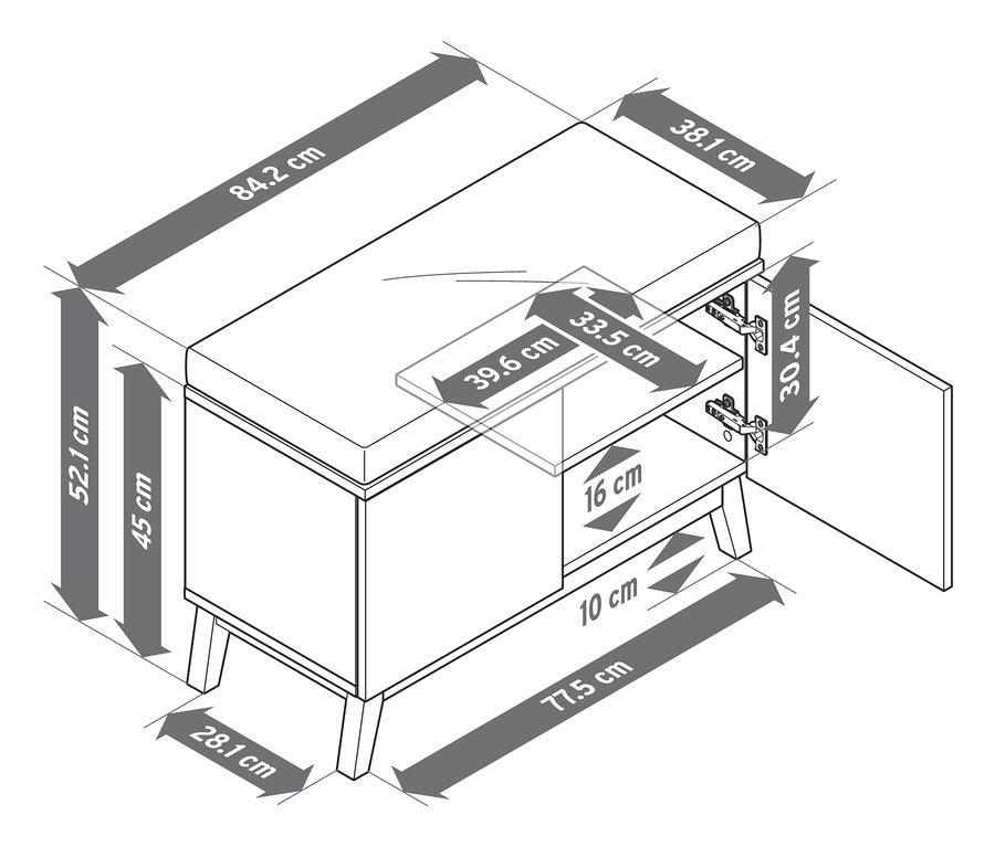 Illustration einer Sitzbank mit Stauraumfächern und Abmessungen.