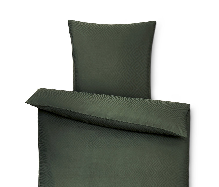 Olivgrüne Jacquard-Bettwäsche Normalgröße mit geometrischem Muster.