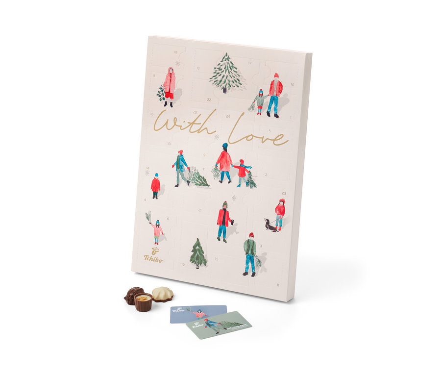 Tchibo Adventskalender mit Zeichnungen von Menschen und Weihnachtsbäumen, Pralinen und Kärtchen darunter.