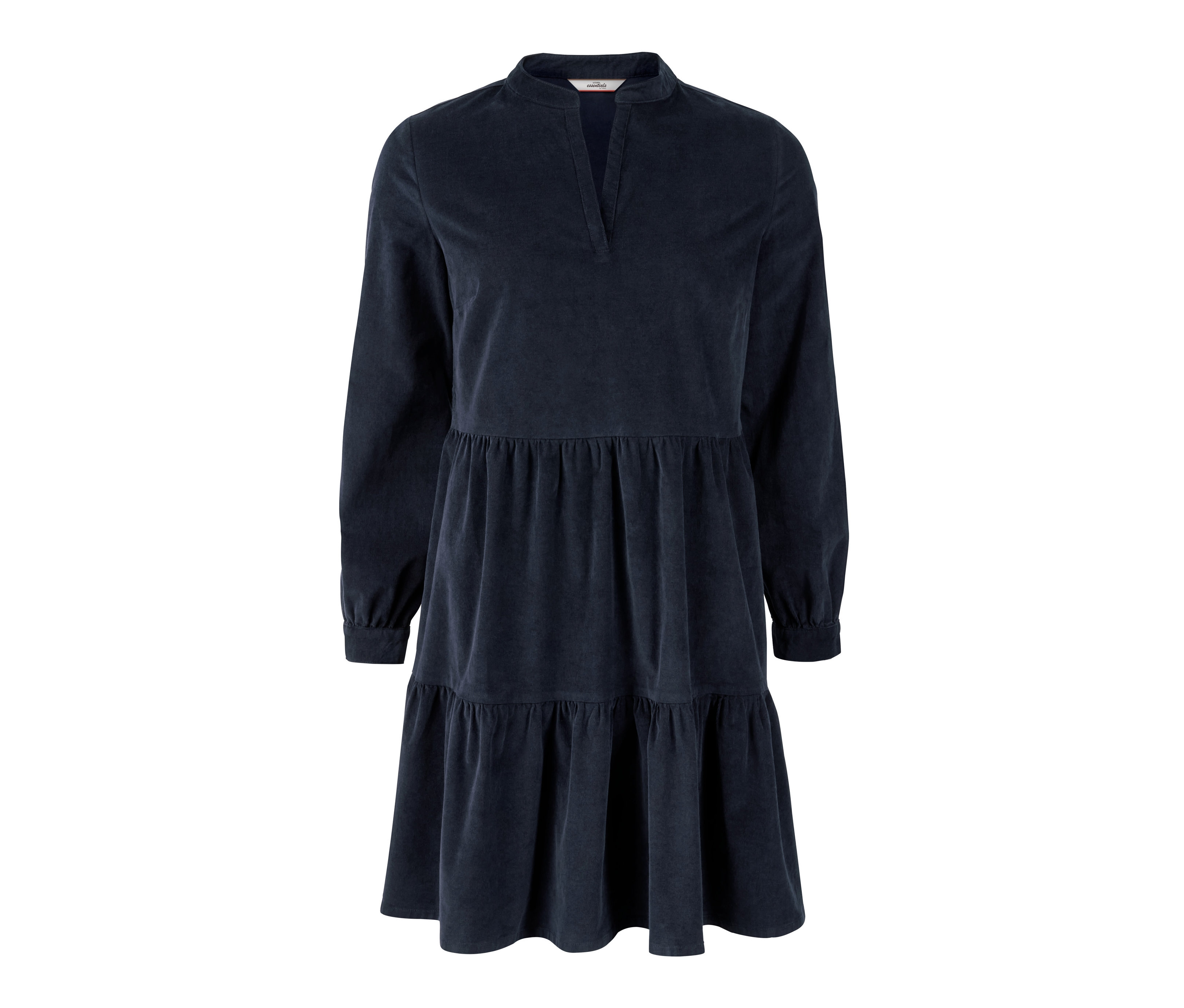 Dunkelblaues Cordkleid mit langen Ärmeln und Stufenrock.