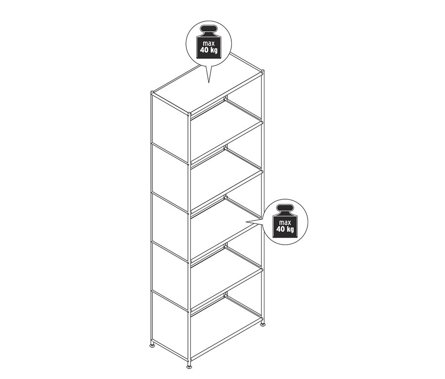 Eine schematische Darstellung eines hohen, halboffenen Regals Metall »CN3« mit fünf Regalböden, maximale Belastung 40 kg pro Regalboden.