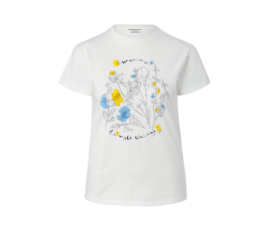 Weißes T-Shirt mit Blumenmuster und Schriftzug.