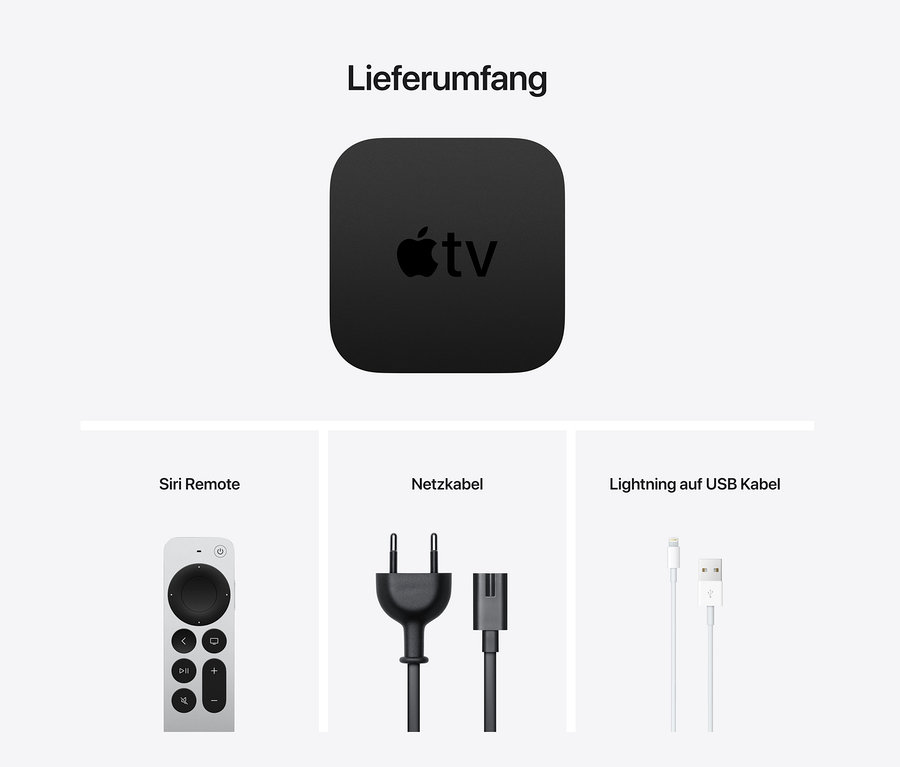 Lieferumfang Apple TV 4K 2021, 32GB: Schwarzes Apple TV, Siri Remote, Netzkabel und Lightning auf USB Kabel.