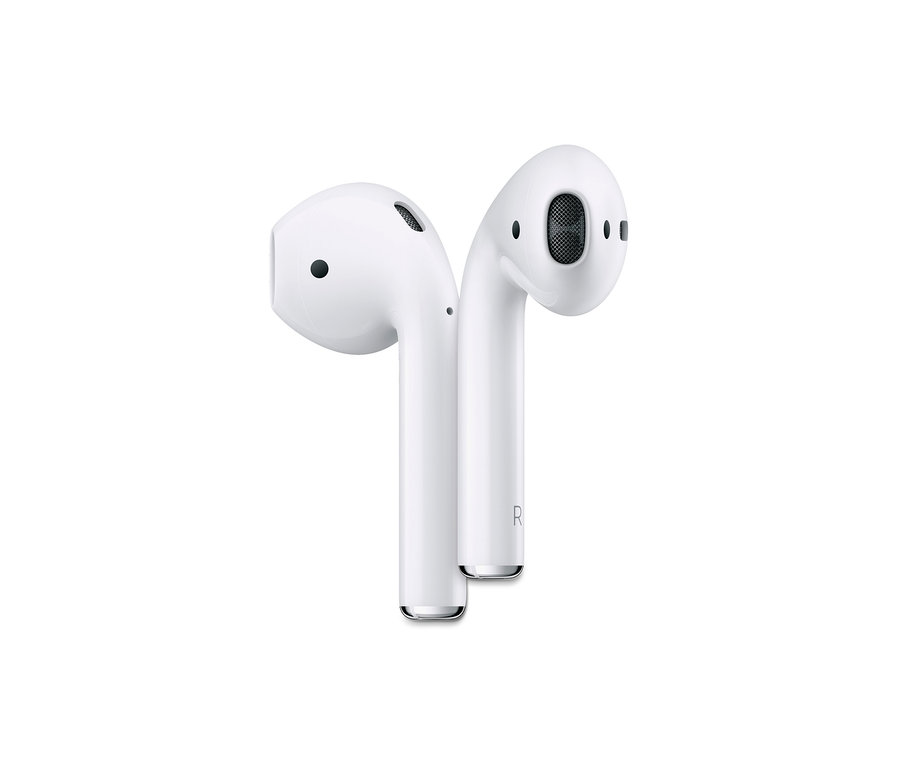 Zwei weiße Apple AirPods 2. Generation vor weißem Hintergrund.