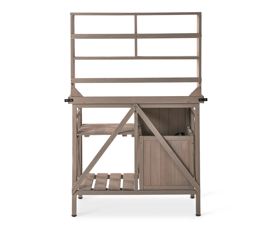 Pflanztisch Jonte mit Regal und Abfallbehälter.