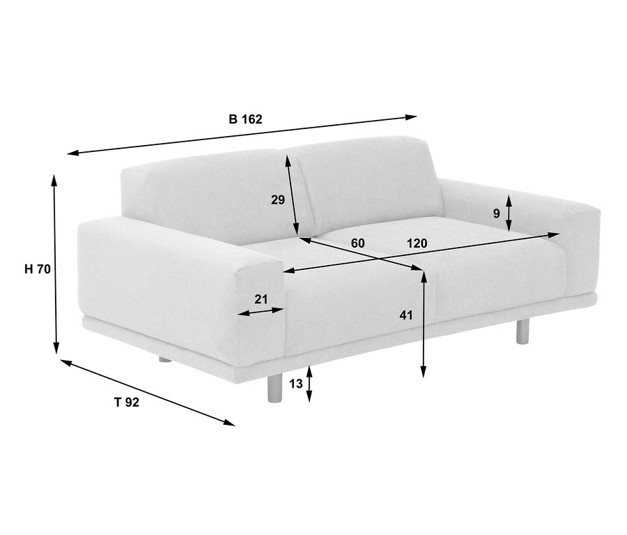 Abbildung des grünen 2-Sitzer Sofas "Penelope" mit Maßangaben.