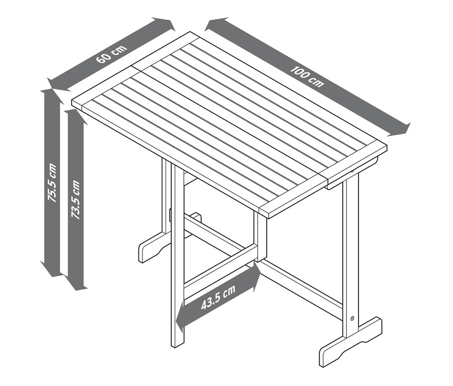 Skizze der Abmessungen des klappbaren Balkonsets „Lenja“ mit einem Tisch von 60 x 100 cm und einer Höhe von 73,5 cm.