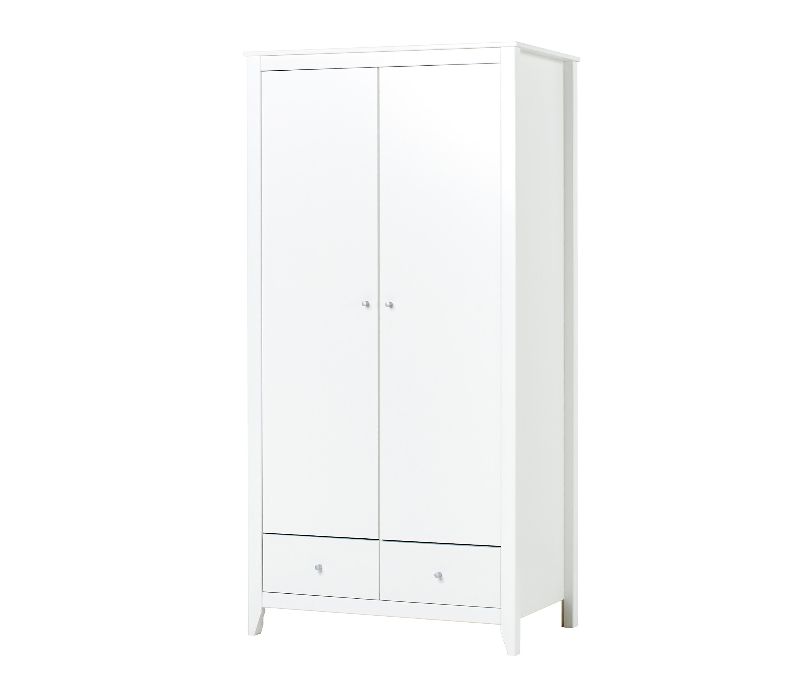 Weißer Kleiderschrank mit zwei Türen und zwei Schubladen.