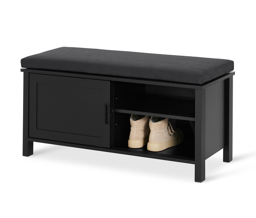 Schwarze Sitzbank »Clara« mit Fach und Schuhen.