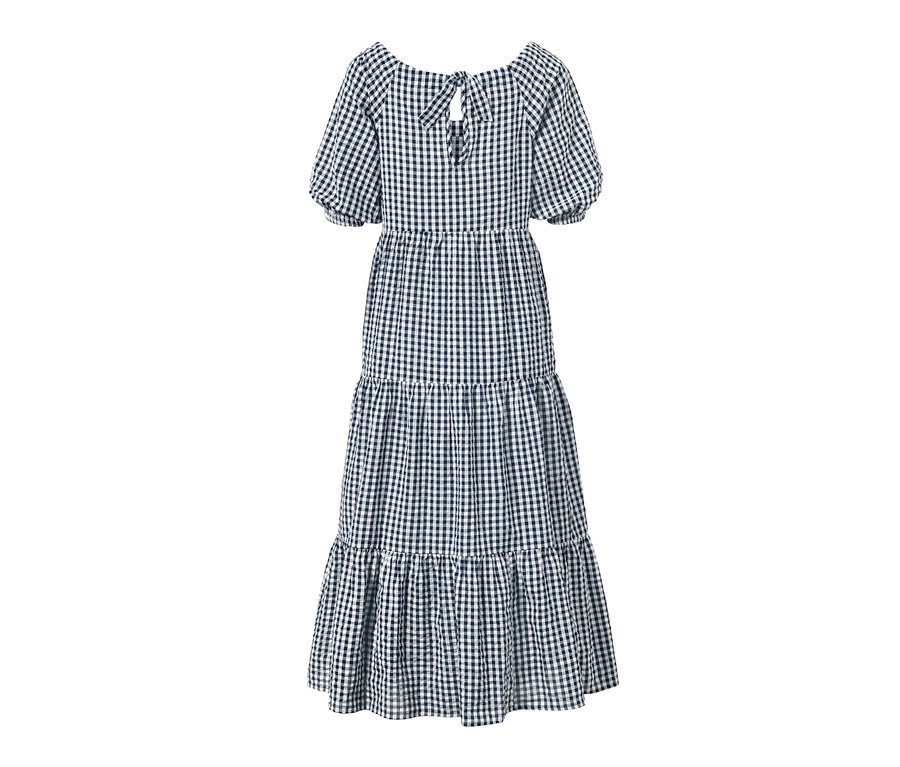 Kariertes Maxikleid mit kurzen Puffärmeln und einem U-Ausschnitt.