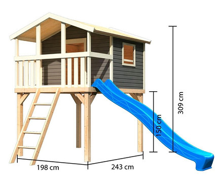 Graues Karibu-Stelzenhaus »Benjamin« mit blauer Rutsche und Leiter.