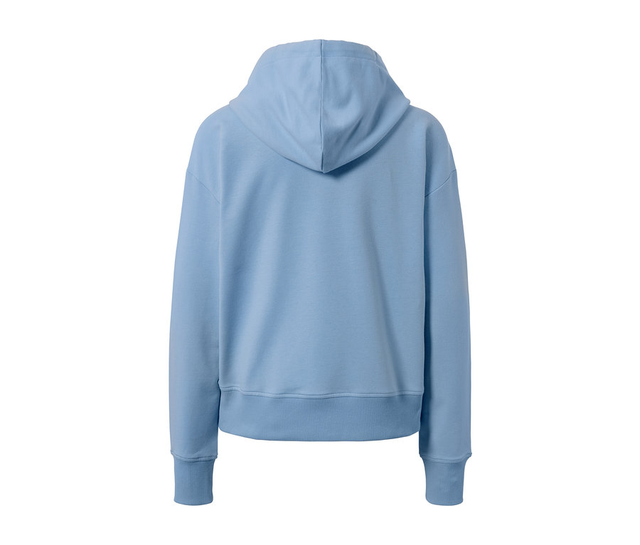 Hellblauer Kapuzen-Sweatpullover von hinten.