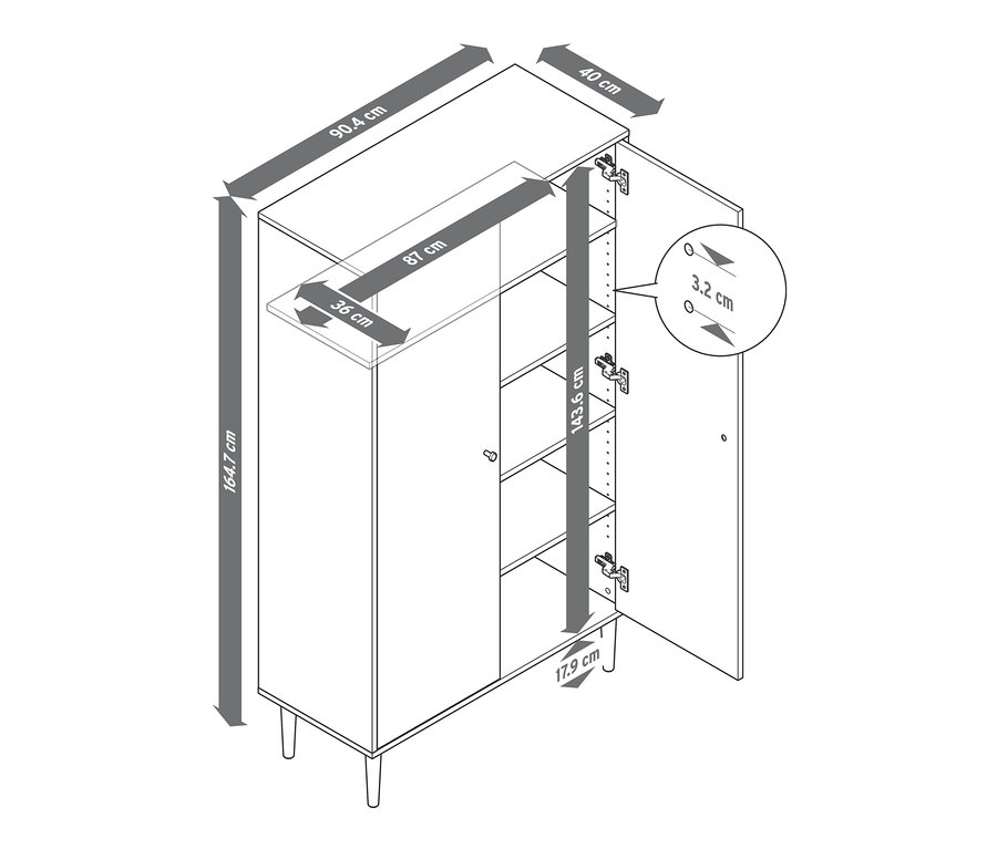 Abmessungen des weißen Schranks "Bekeson" werden mit Pfeilen dargestellt.