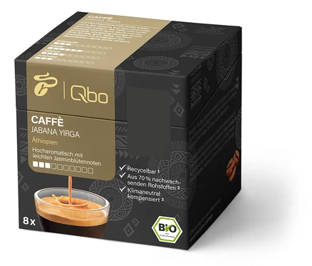 Eine Packung Qbo Caffè JABANA YIRGA mit 8 Kapseln.