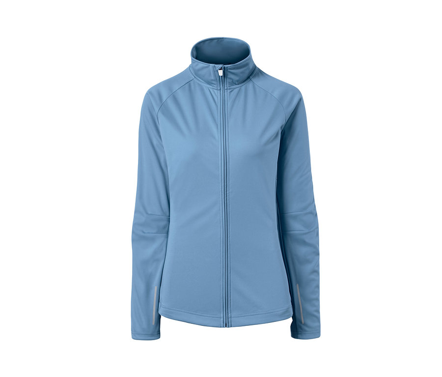 Eine blaue Rad-Softshelljacke mit Reißverschluss in der Mitte.
